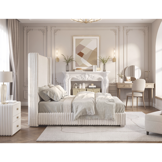 Sunvega Contemporary White Fur Chenille Fabric Mattress Ready Queen Size Bed