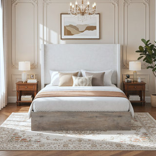 Sunvega Upholstered Wingback Bed with 54 Inch High Headboard in Textured Ivory Canvas Chenille