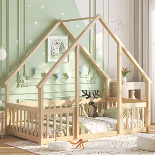 Sunvega Twin Wood House Floor Bed with Guardrail Fence in Grey