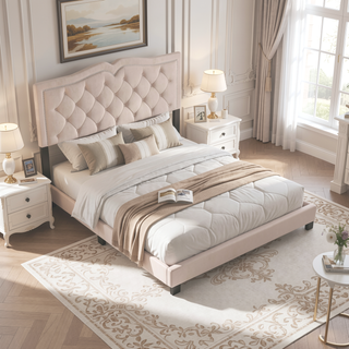 Sunvega Queen Size Upholstered Bed Frame with Tufted Velvet Headboard and Rivet Design