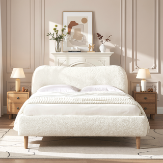 Sunvega King Upholstered Platform Bed with Curved Headboard in Oatmeal Chenille