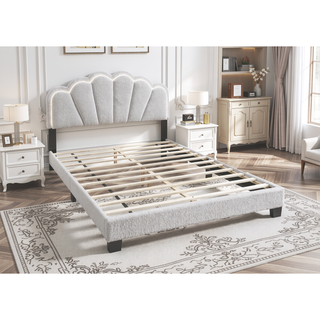 Sunvega White Queen Size Upholstered Wool Floral Headboard Bed with LED Lights