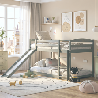 Sunvega Twin over Twin Floor Low Bunk Bed with Ladder for Kids Bedroom
