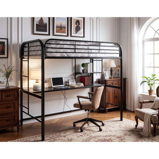 Sunvega Black Metal Twin Bunk Bed with Ladder Workstation and Guard Rails