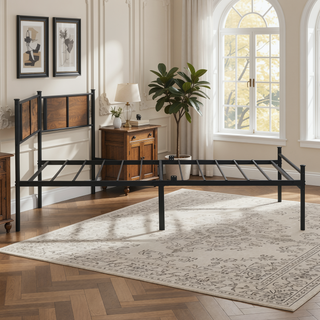 Sunvega Twin Size Metal Bed Frame with Wood Panel Headboard and Under Storage