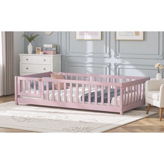 Sunvega Natural Rubber Wood Twin Size Floor Bed with Safety Guardrails and Door