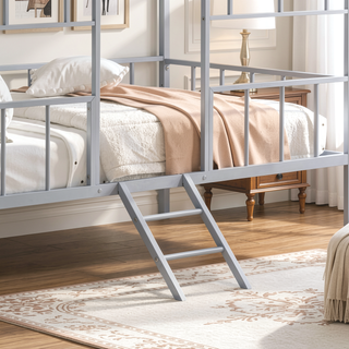 Sunvega Twin Bunk Bed With Full Metal Construction Angled Ladder And Gable Roof Frame