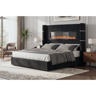 Sunvega King Size Upholstered Wooden Bed with Bluetooth Speakers and USB Ports