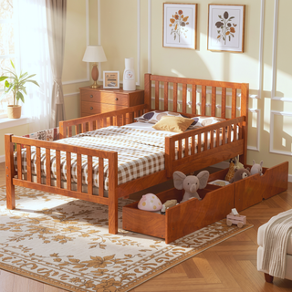 Sunvega Twin Size Walnut Wood Platform Bed with Guardrails and Two Storage Drawers