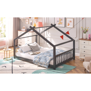 Sunvega Full Size Playhouse Design Wood Bed with Roof for Kids Room