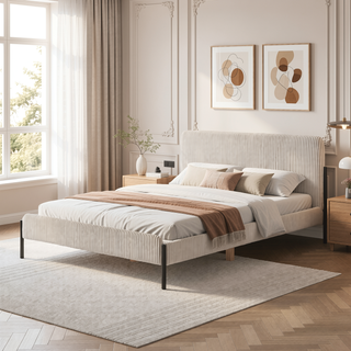 Sunvega Queen Upholstered Bed with Channeled Headboard and Sturdy Metal Frame