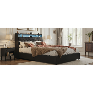 Sunvega Queen Bed Frame with Ergonomic Headboard Outlets Charger LED Light Storage