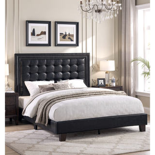 Sunvega Queen Size Bed with Biscuit Tufting Headboard and Wooden Legs in Black Espresso