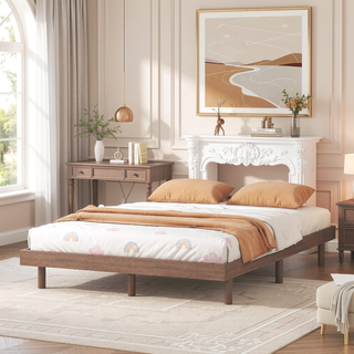 Sunvega Modern Floating Platform Bed Frame in Walnut with Sturdy Wood Construction