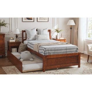 Sunvega Twin Size Gray Wood Platform Bed Frame with Trundle for Maximized Space