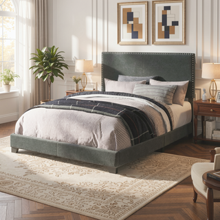 Sunvega Guyancourt Charcoal Upholstered Eastern King Panel Bed with Nailhead Trim