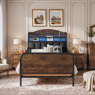 Sunvega Kids Full Metal Bed with Upholstered Headboard LED Lights and Storage