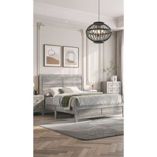 Sunvega Queen Size Platform Bed with Clean-lined Headboard in Gray Wood Grain Finish