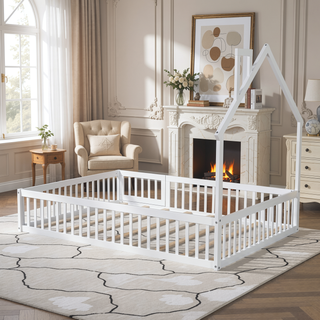 Sunvega White Wood House Platform Bed with Guardrail for Kids Full Size
