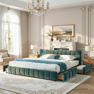 Sunvega Modern King Size Upholstered Bed with Storage Drawers and Soft Chenille Fabric