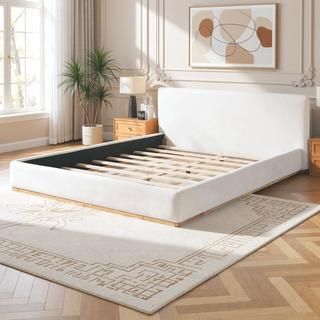 Sunvega Upholstered King Bed With Solid Wood Frame And Wooden Slatted Base White