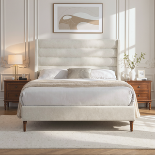 Sunvega Upholstered Queen Size Bed Frame with Wave - Shaped Headboard Premium Chenille Fabric