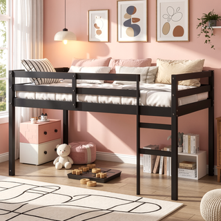 Sunvega Espresso Rubber Wood Low Height Loft Bed with Ladder for Bedroom
