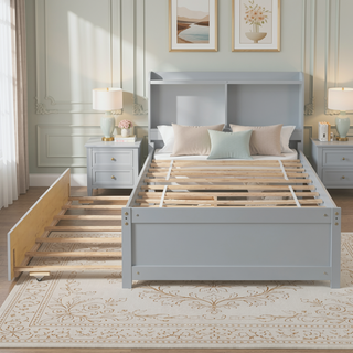 Sunvega White Twin Trundle Bed with Storage Headboard and Bookcase