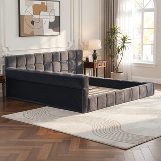 Sunvega Elegant Soft Chenille Upholstered Bed with Checkerboard Headboard in Grey