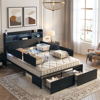 Sunvega Queen Storage Bed Frame with Headboard Charging Station and 4 Drawers