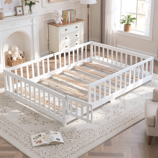 Sunvega Full Size Pine Wood Floor Bed with Safety Guardrails and Door