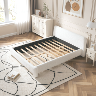 Sunvega Cozy White Bouce Upholstered Bed with Birch Wood Frame for Bedroom