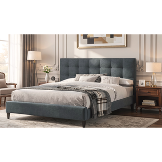 Sunvega Modern Light Gray Upholstered Tufted Headboard California King Platform Bed