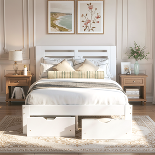 Sunvega White Full Size Platform Bed with Drawers for Extra Storage