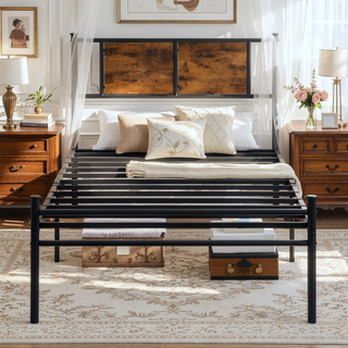 Sunvega King Size Metal Bedframe with Wood Panel Headboard and Under Storage