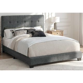 Sunvega Queen Size Upholstered Bed Frame with Button Tufted Headboard in Dark Grey Boucle