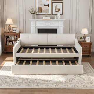 Sunvega Beige Upholstered Twin Daybed with Trundle and USB Charging Design
