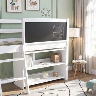 Sunvega Twin Size Low Loft Bed with Movable Shelves Ladder and Decorative Chalkboard Guardrail