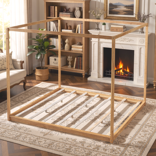 Sunvega White Queen Size Canopy Platform Bed with Support Legs and Sturdy Frame