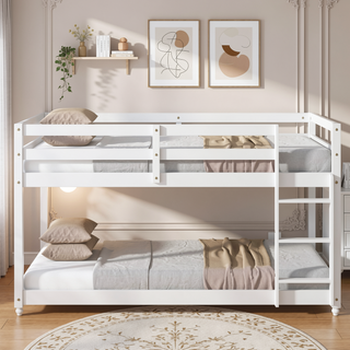 Sunvega Twin over Twin Floor Bunk Bed with Ladder and Strengthened Slats in Espresso