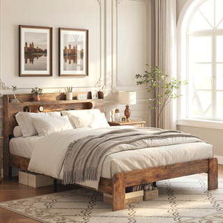 Sunvega Queen Wood Platform Bed Frame with Storage Headboard and 2 USB Ports