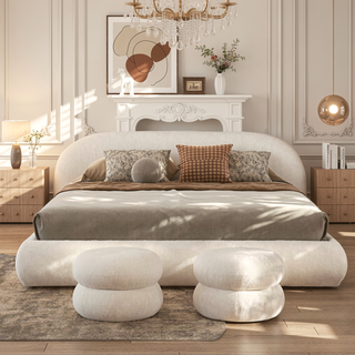 Sunvega Almond White King Upholstered Platform Bed with Arch Puffy Headboard