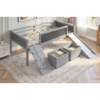 Sunvega Twin Size Pine Wood Loft Bed with Climbing Frame and Slide