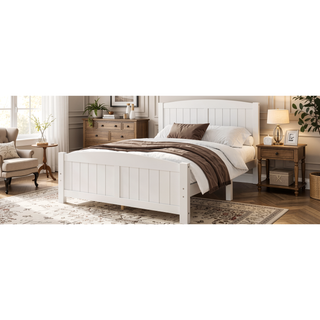 Sunvega White Solid Wood Queen Platform Bed with Slats No Box Spring Needed