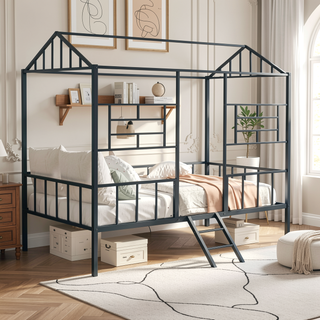 Sunvega Contemporary House Design Black Twin Bunk Bed With Full Metal Construction And Angled Ladder