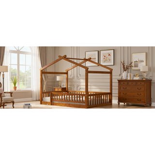 Sunvega Full Size House Bed Frame with Playhouse Fence and Roof for Kids