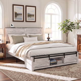 Sunvega Queen Bed Frame with Upholstered Headboard and LED Lighting Charging Station