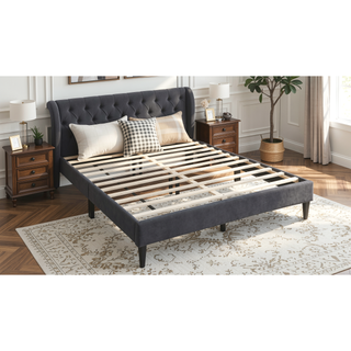 Sunvega Modern Charcoal Brushed Linen Upholstered Queen Size Headboard Bedframe