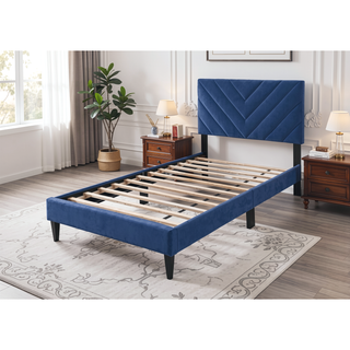 Sunvega Adjustable Velvet Upholstered Twin Bed with 12-Slat Support System