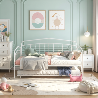 Sunvega Elegant White Twin Daybed with Trundle and Durable Metal Frame